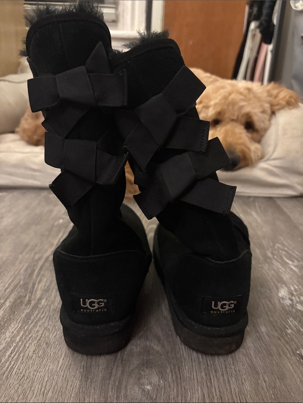 UGG Black Suede Heeled Bow Back Boots
